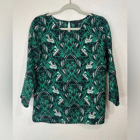 J. Crew Green Black Retro Floral Popover Blouse Top Women’s 2 Summer Business - Picture 1 of 15